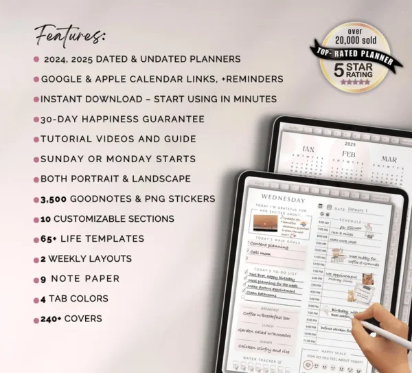 2025 Digital Planner GoodNotes Template for iPad Tablet and Phone with Apple & Google Calendar links Life Journal Daily Weekly and Monthly - Image 2
