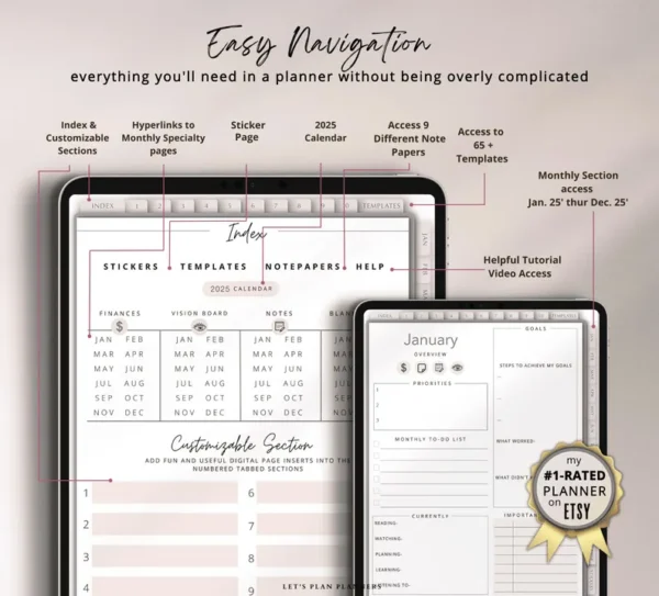 2025 Digital Planner GoodNotes Template for iPad Tablet and Phone with Apple & Google Calendar links Life Journal Daily Weekly and Monthly - Image 3