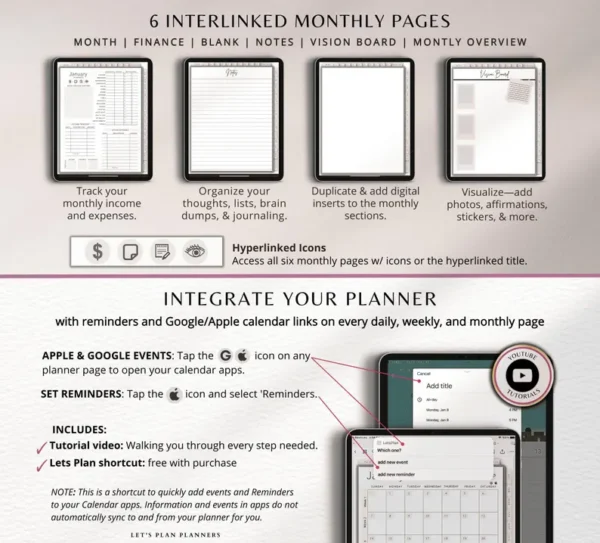 2025 Digital Planner GoodNotes Template for iPad Tablet and Phone with Apple & Google Calendar links Life Journal Daily Weekly and Monthly - Image 5